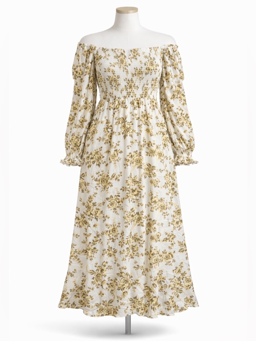 Free People Jaymes Cream Floral Printed Smocked V Neck Long Sleeve Midi Dress- M